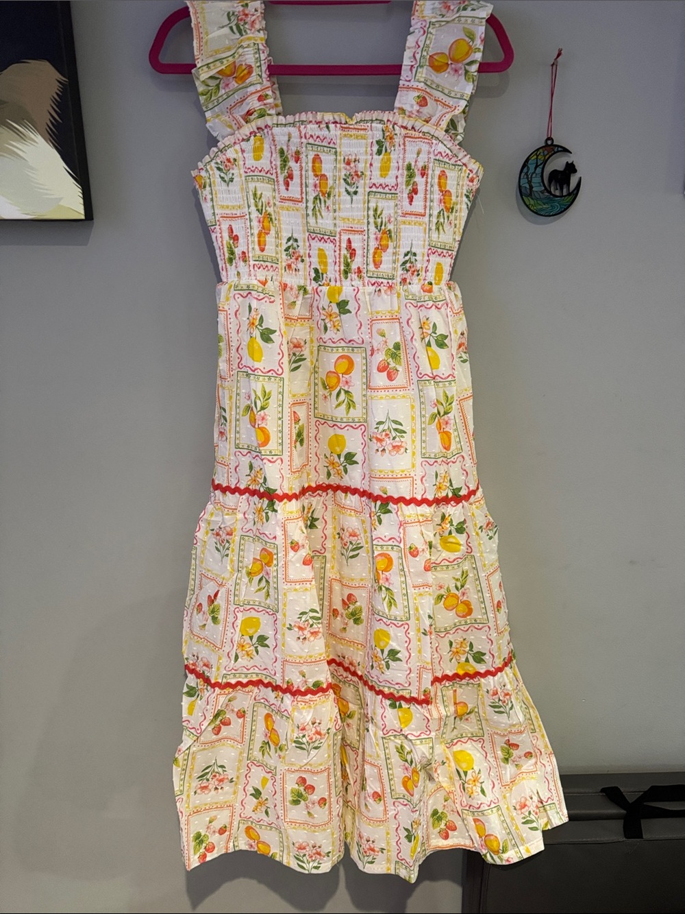 Rachel Zoe White Floral & Lemon Print Maxi Dress with Red Trim size 2